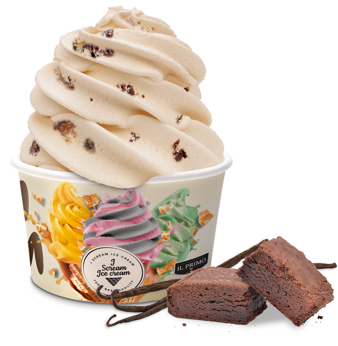 Ice cream med vanilje og brownie is smag i bæger